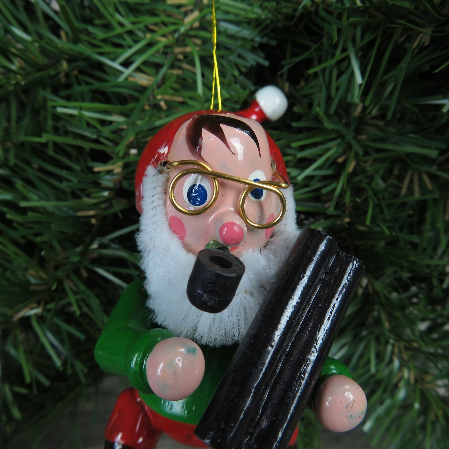 Vintage Wooden Elf Ornament with Firewood Logs Pipe Glasses Wood Beard