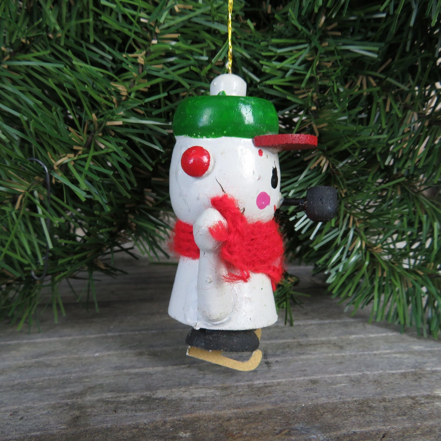 Vintage Snowman Ice Skater Wood Ornament Pipe Green Hat Knit Scarf Wooden Christmas