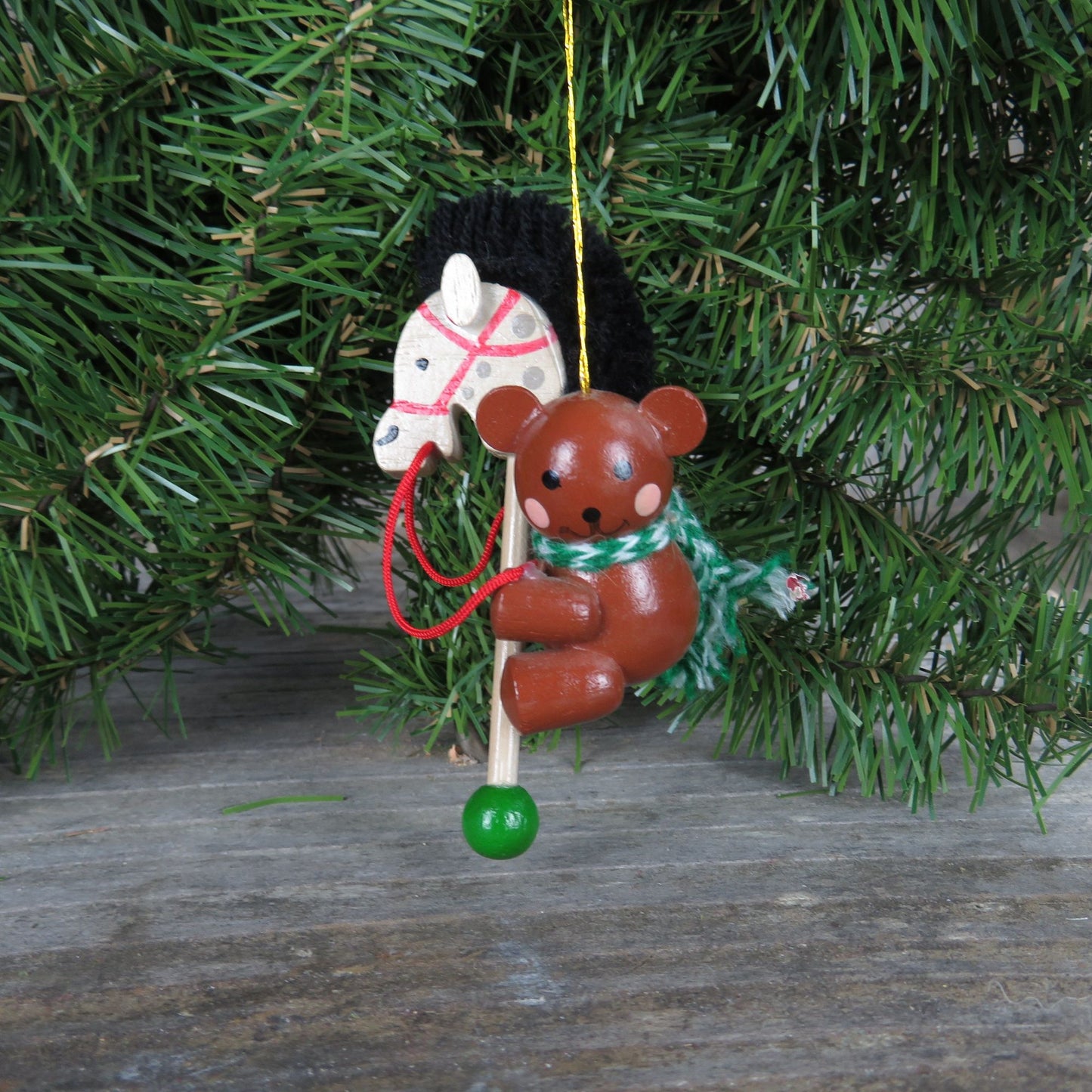 Vintage Bear on Wooden Hobby Stick Horse Ornament White Christmas Pony Scarf