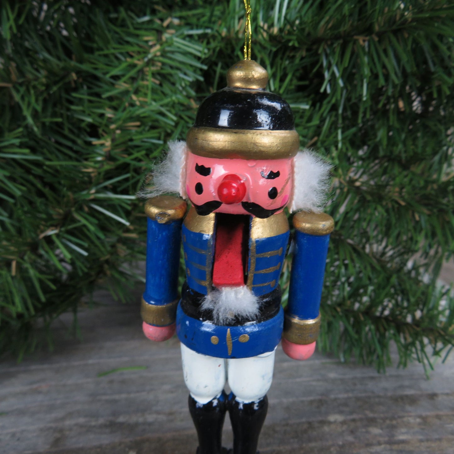 Vintage Blue Nutcracker Wood Ornament  Mustache  Solider Wooden Christmas