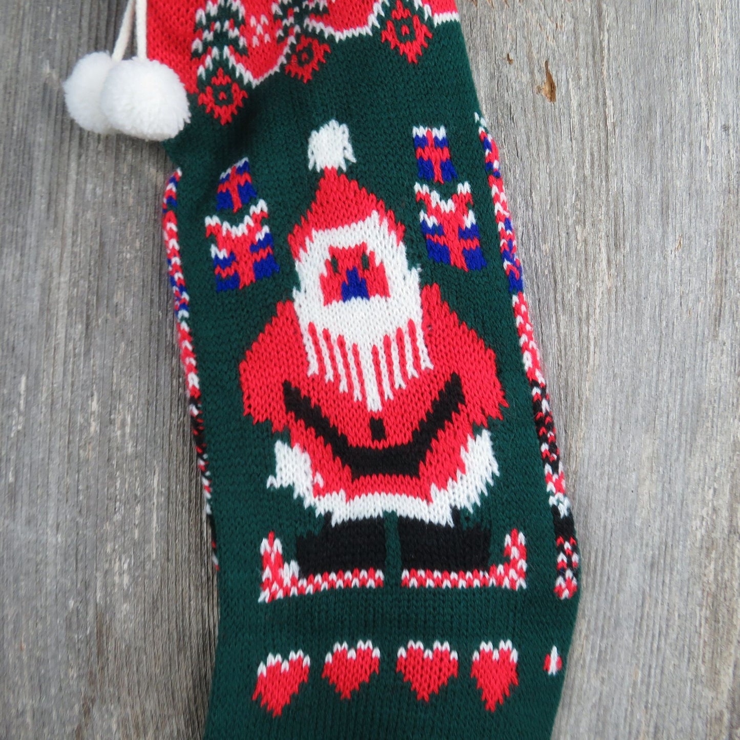 Vintage Santa Claus Knit Stocking Green Red White Gifts Trees Hearts Pom Pom 1980s