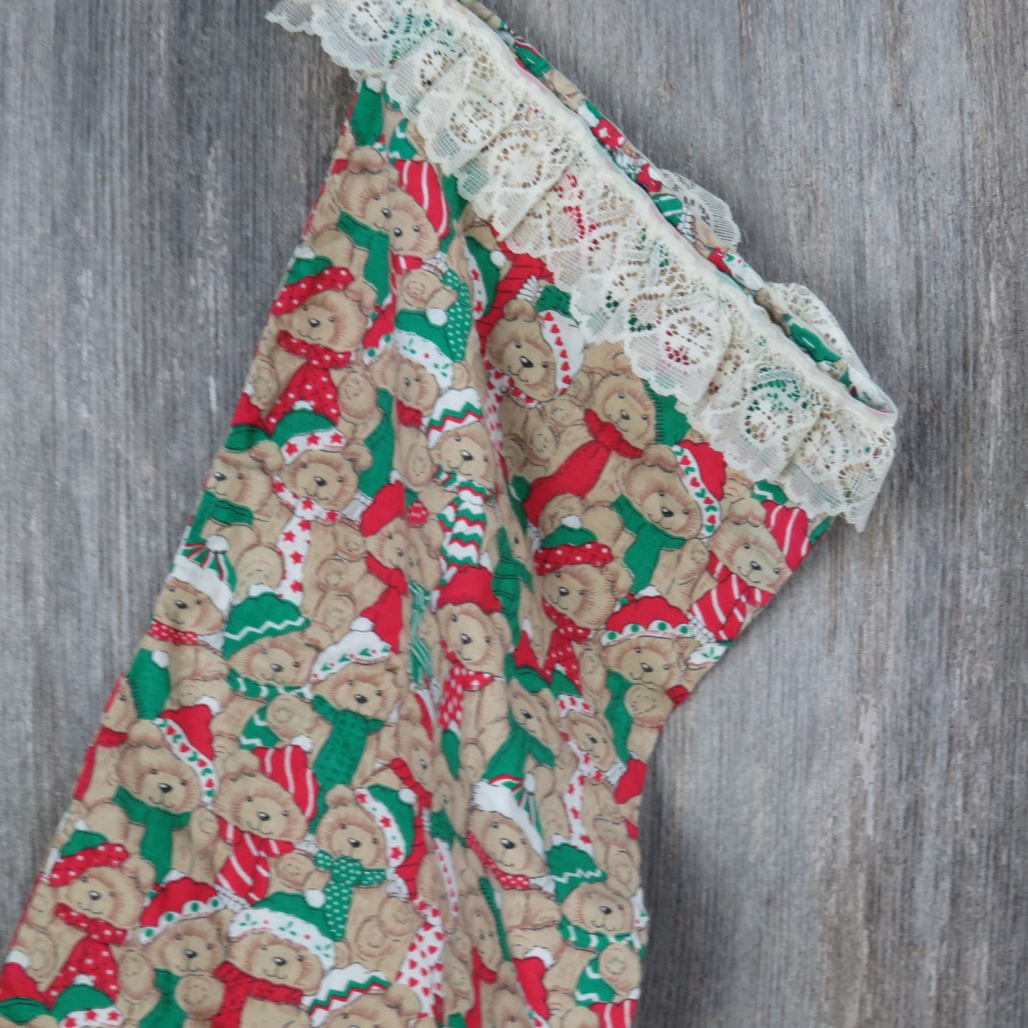 Vintage Teddy Bear Fabric Stocking Christmas Handmade Red Green Lace ST281