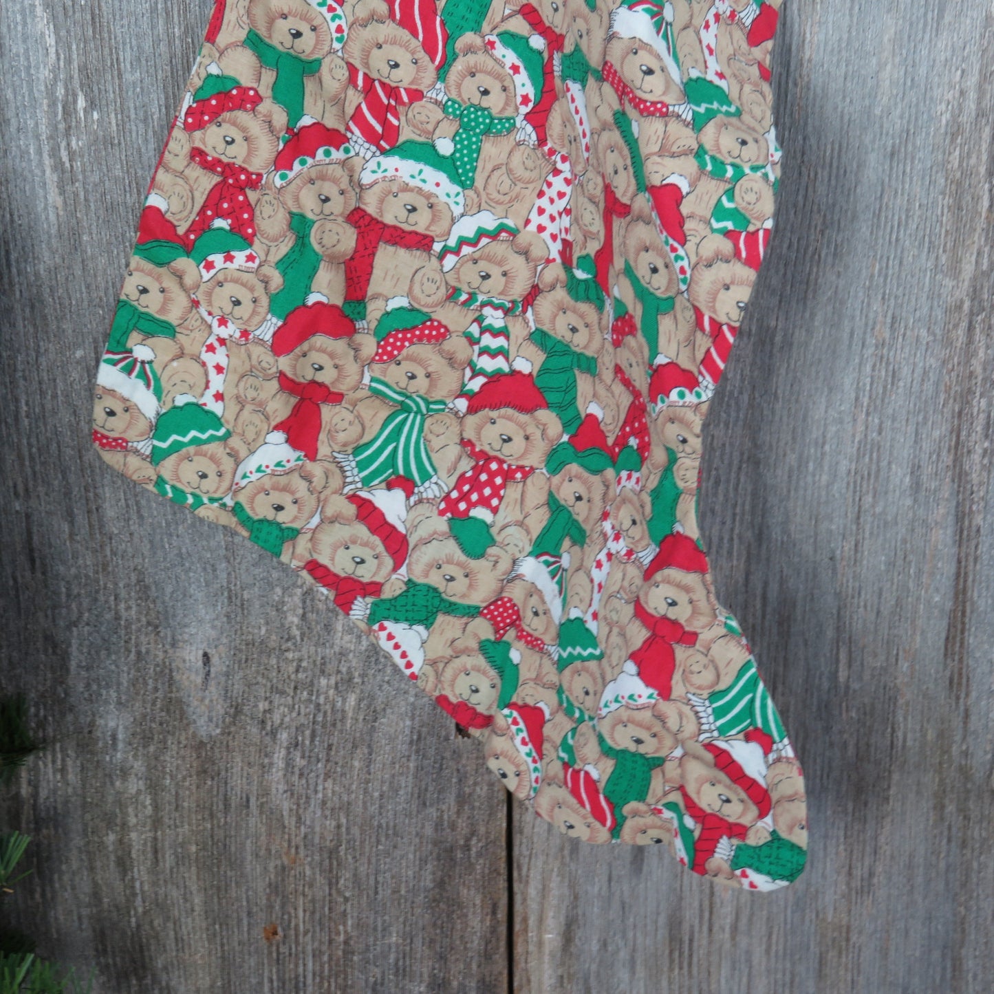 Vintage Teddy Bear Fabric Stocking Christmas Handmade Red Green Lace ST281