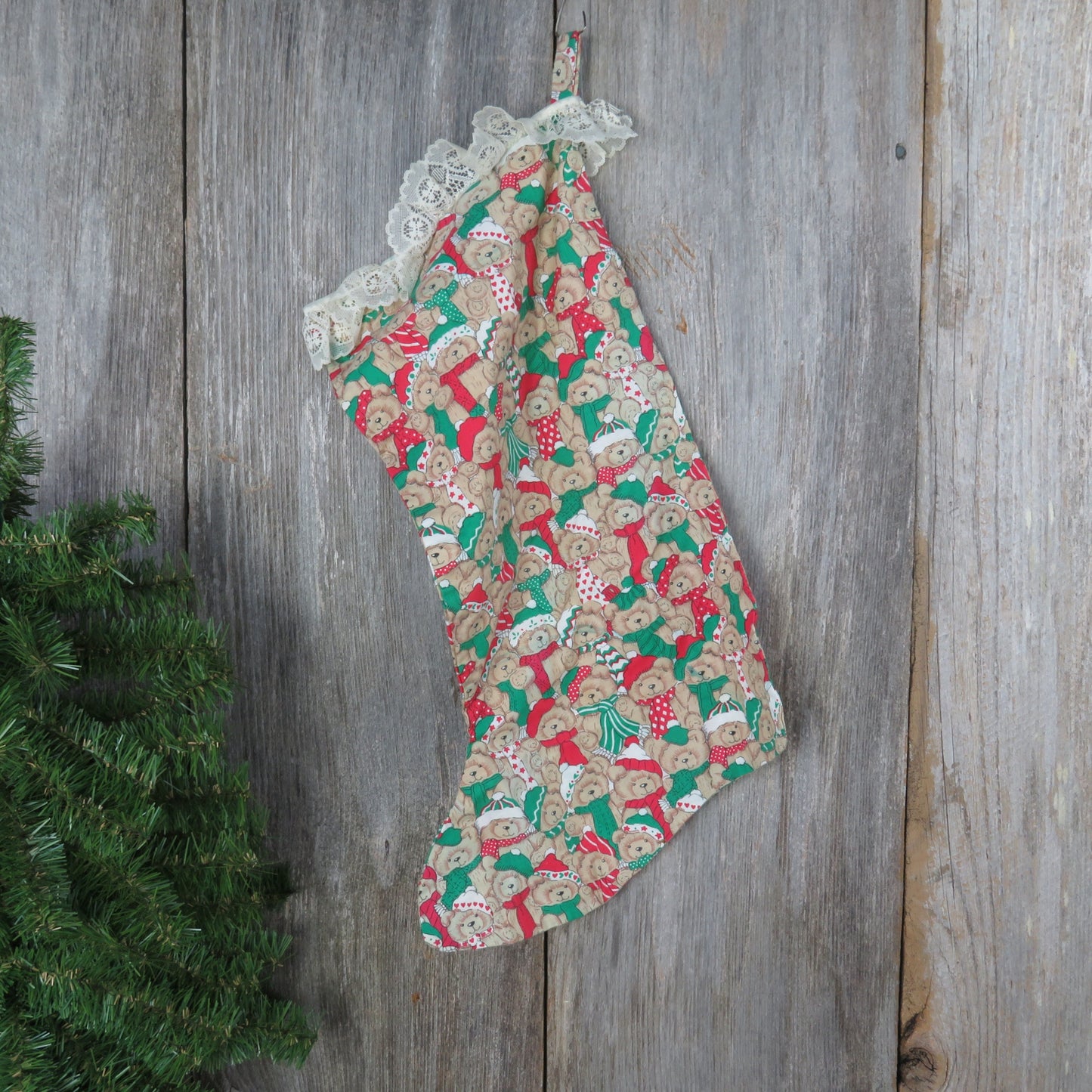 Vintage Teddy Bear Fabric Stocking Christmas Handmade Red Green Lace ST281