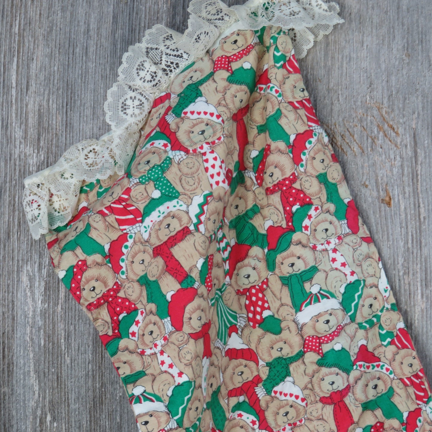 Vintage Teddy Bear Fabric Stocking Christmas Handmade Red Green Lace ST281