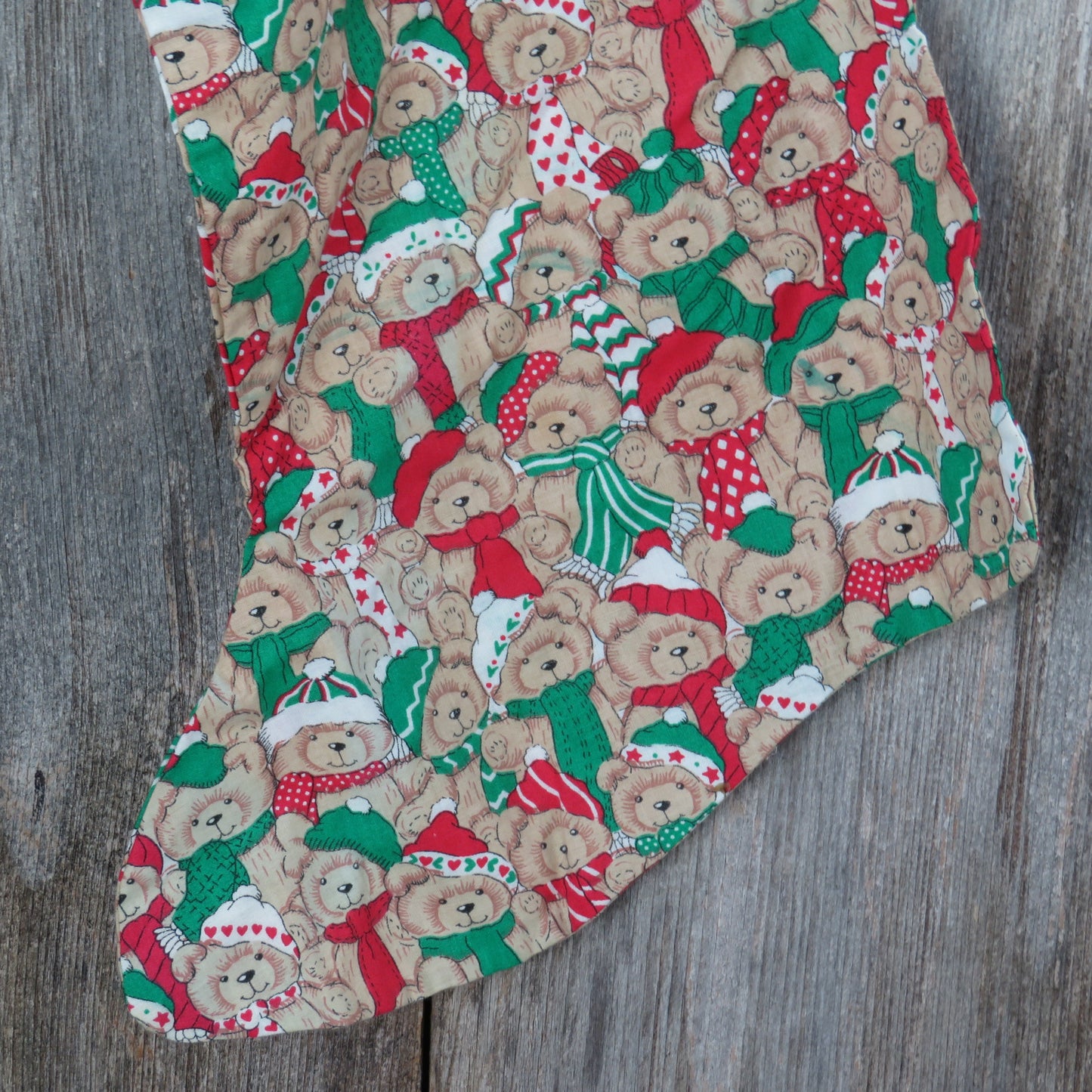 Vintage Teddy Bear Fabric Stocking Christmas Handmade Red Green Lace ST281