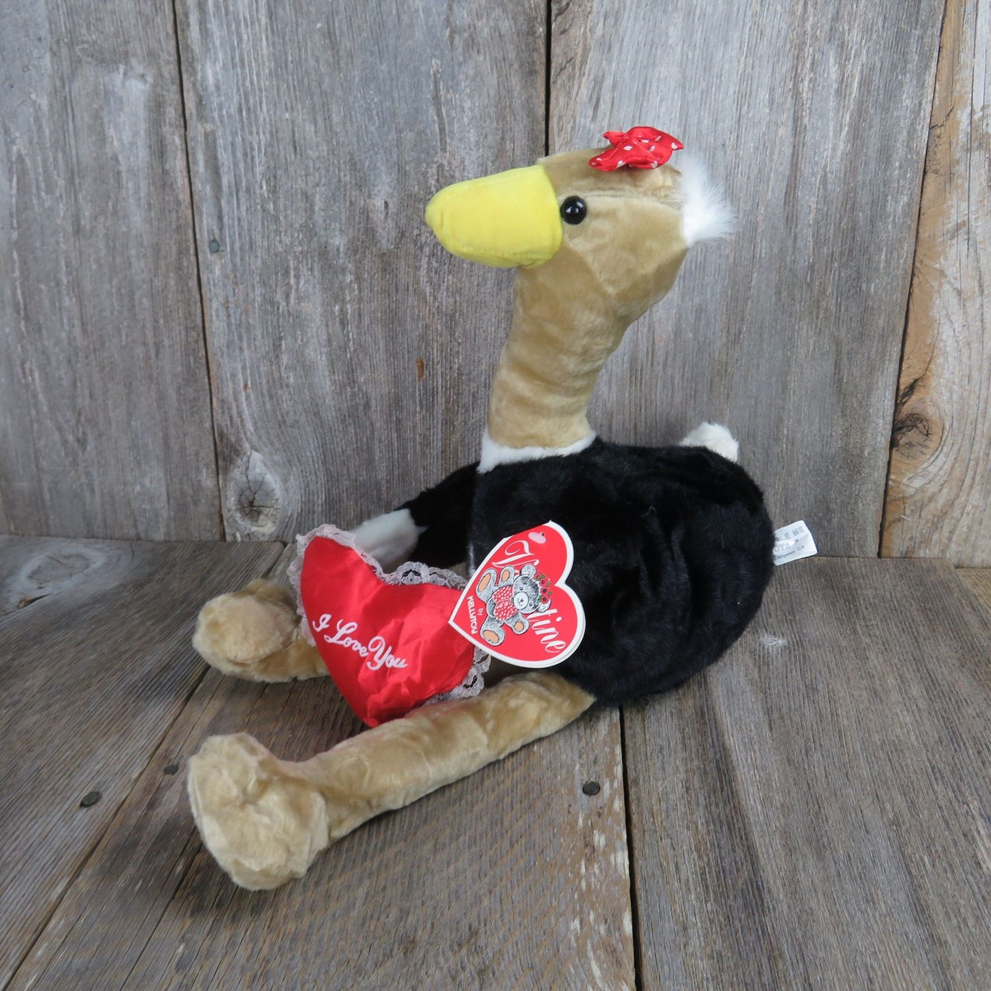 Vintage Ostrich Plush Valentines Bird Heart I Love You Bow Emu Kellytoy Cuddle Me Stuffed Animal