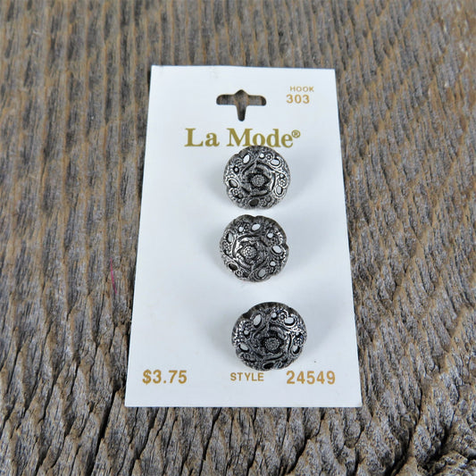 Antique Silver Round Buttons Silver Color Flower Pattern La Mode Shank 5/8 inch # 24549