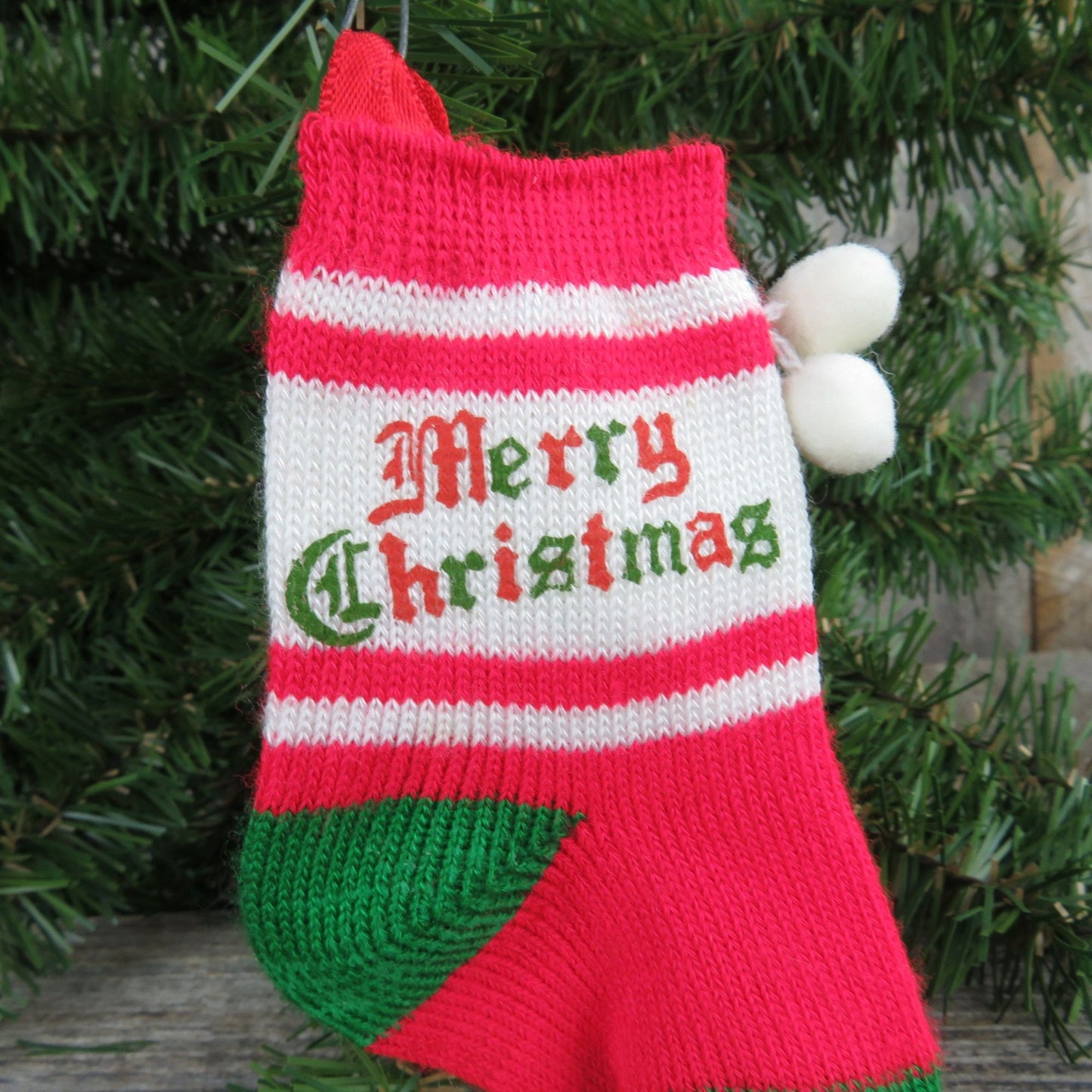Vintage Knit Stocking Ornament Merry Christmas Striped Red White Green Pom Pom