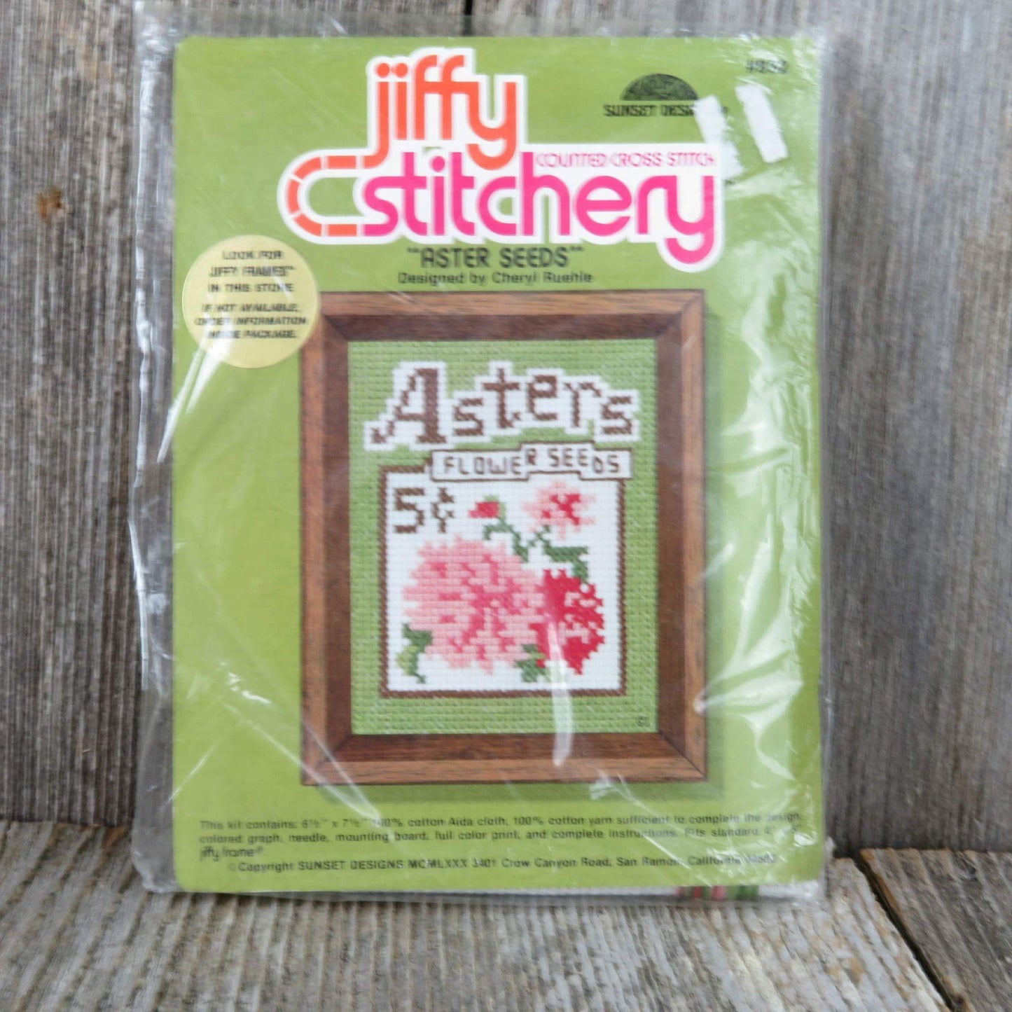 Vintage Jiffy Stitchery Cross Stitch Kit Sunset Designs 932 Aster Seeds 1980