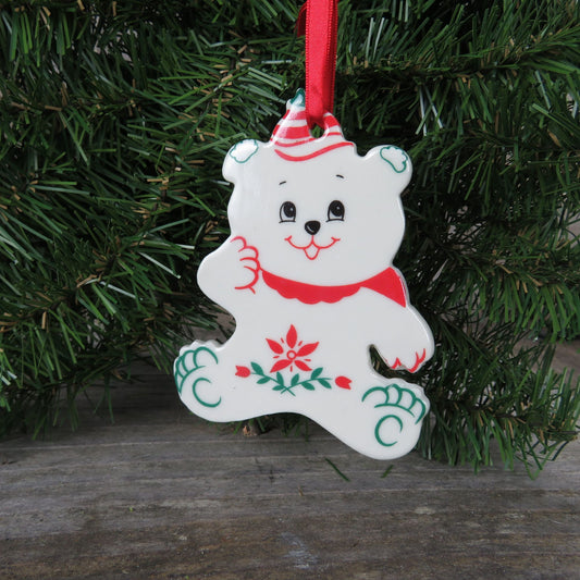 Porcelain Bear Ornament Flat Red Green With Painted Teddy Russ Christmas Ceramic