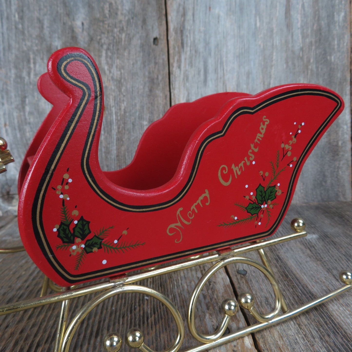 Vintage Wooden Santa's Sleigh Christmas Decoration Red Green Gold Metal Centerpiece