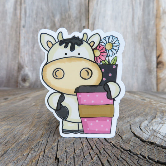 Cow with To Go Cup Sticker Waterproof Pink Coffee Lover Travel Mug Full Color Sticker Tea Drinker