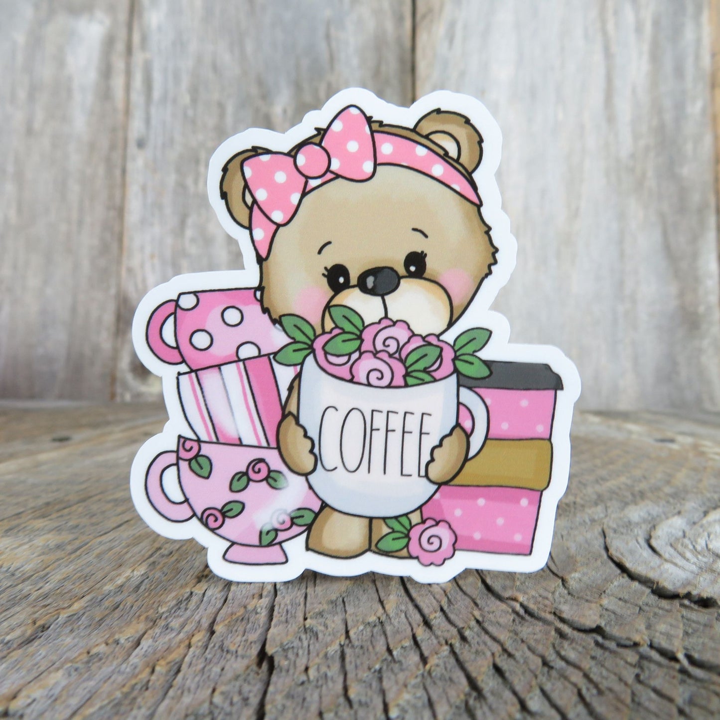 Teddy Bear with Coffee Cup Sticker Waterproof Pink Coffee Lover Full Color Sticker Coffee Drinker