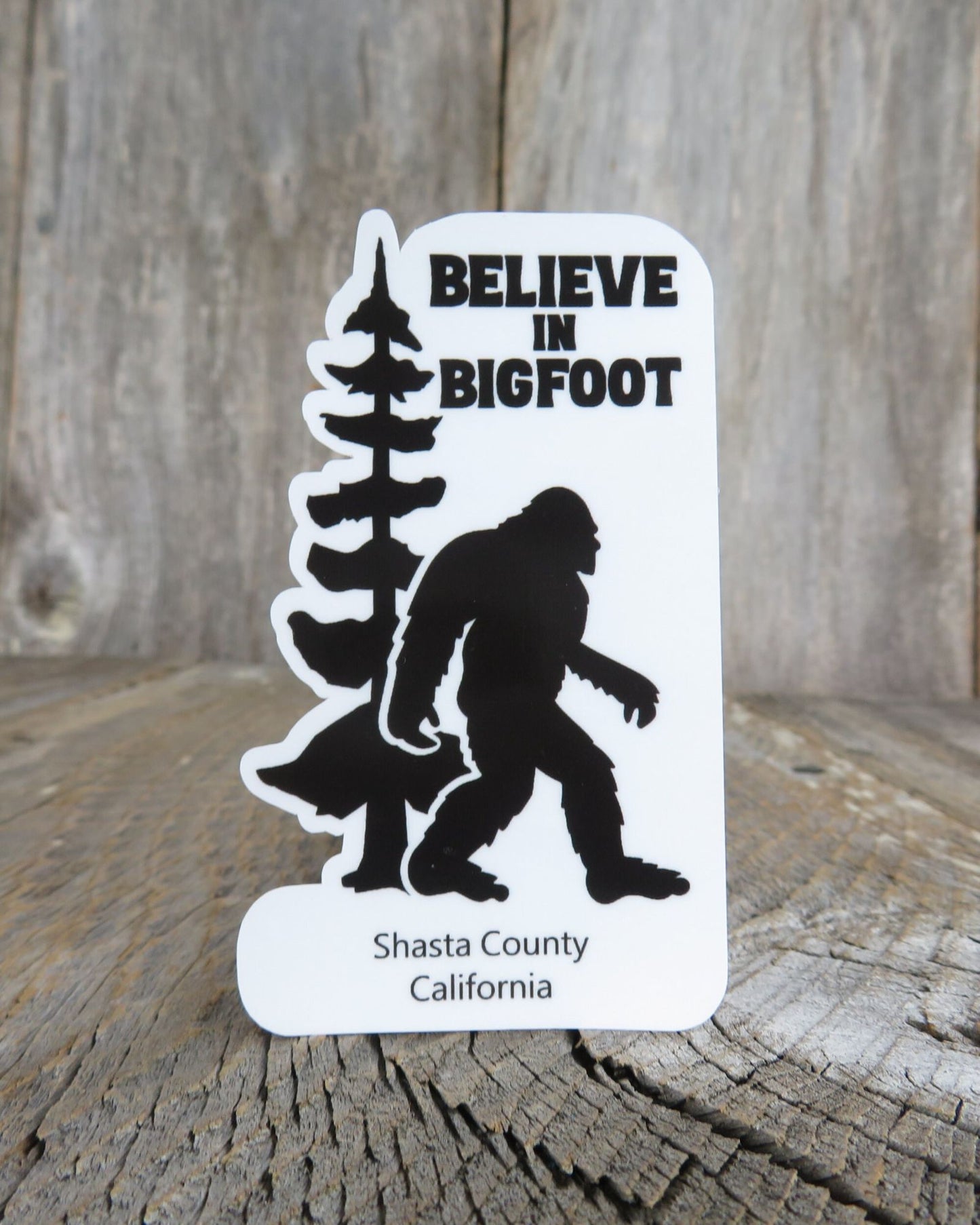 Shasta County Sticker Believe in Bigfoot California Tall Tree Outdoors Waterproof Water Bottle Laptop Sticker