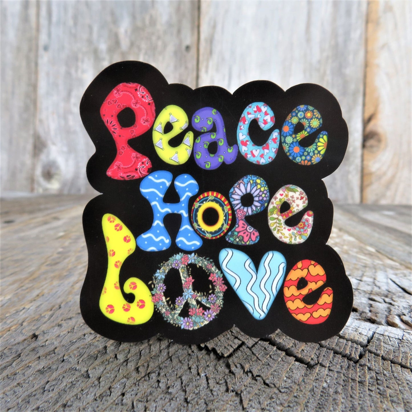Peace Hope Love Sticker Positive Statement Bright Colored Retro Hippie Waterproof Car Water Bottle Laptop