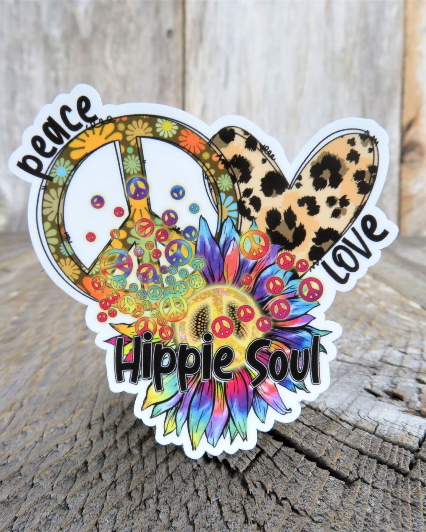 Peace Love Hippie Soul Sticker Peace Sign Heart Bright Colored Retro Hippie Flowers Waterproof Car Water Bottle Laptop
