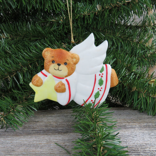 Vintage Teddy Bear Angel with a Star Ornament Figurine 1988 Enesco Lucy Rigg Ceramic Flat Christmas