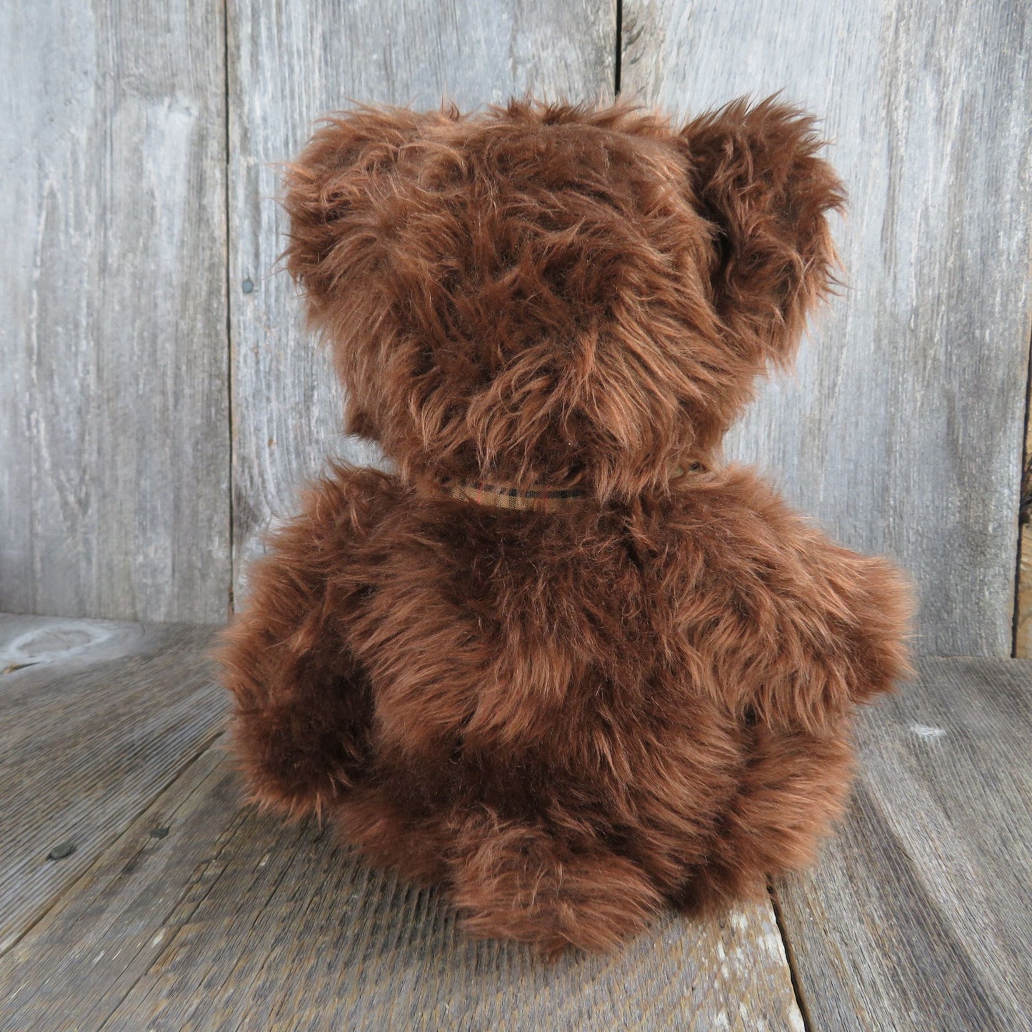 Vintage Teddy Bear Shaggy Plush Beresford Russ Stuffed Animal Brown Plaid Bow Stitched Nose