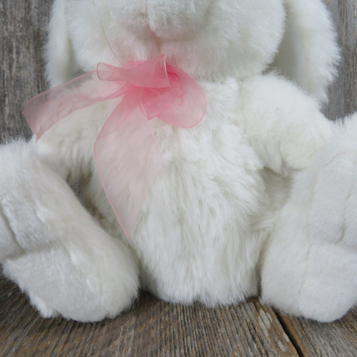 Vintage Bunny Plush White Rabbit Ribbon Pink Flocked Nose Easter Hare Stuffed Animal