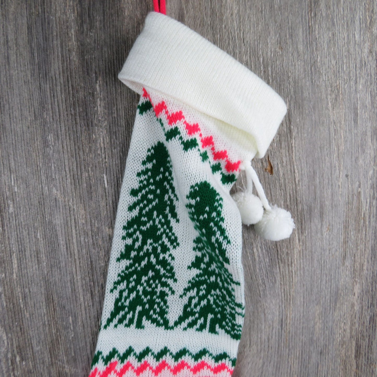 Vintage Knit Christmas Tree Stocking Christmas Sweater Knitted Red Green White Pom Pom  St362