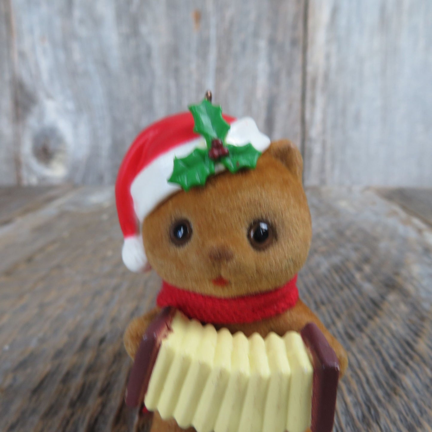 Vintage Flocked Squirrel Ornament Chipmunk Christmas Accordion Concertina Santa Hat