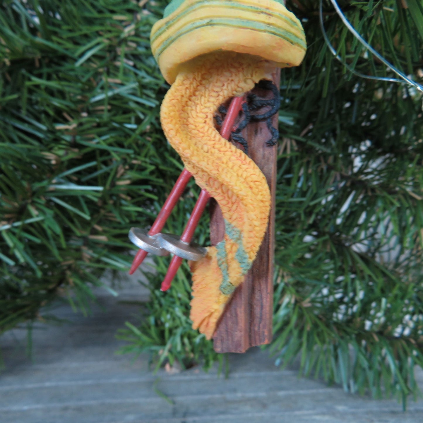 Skiing Ornament Winter Sports Knit Hat and Scarf Green Yellow Russ Vintage