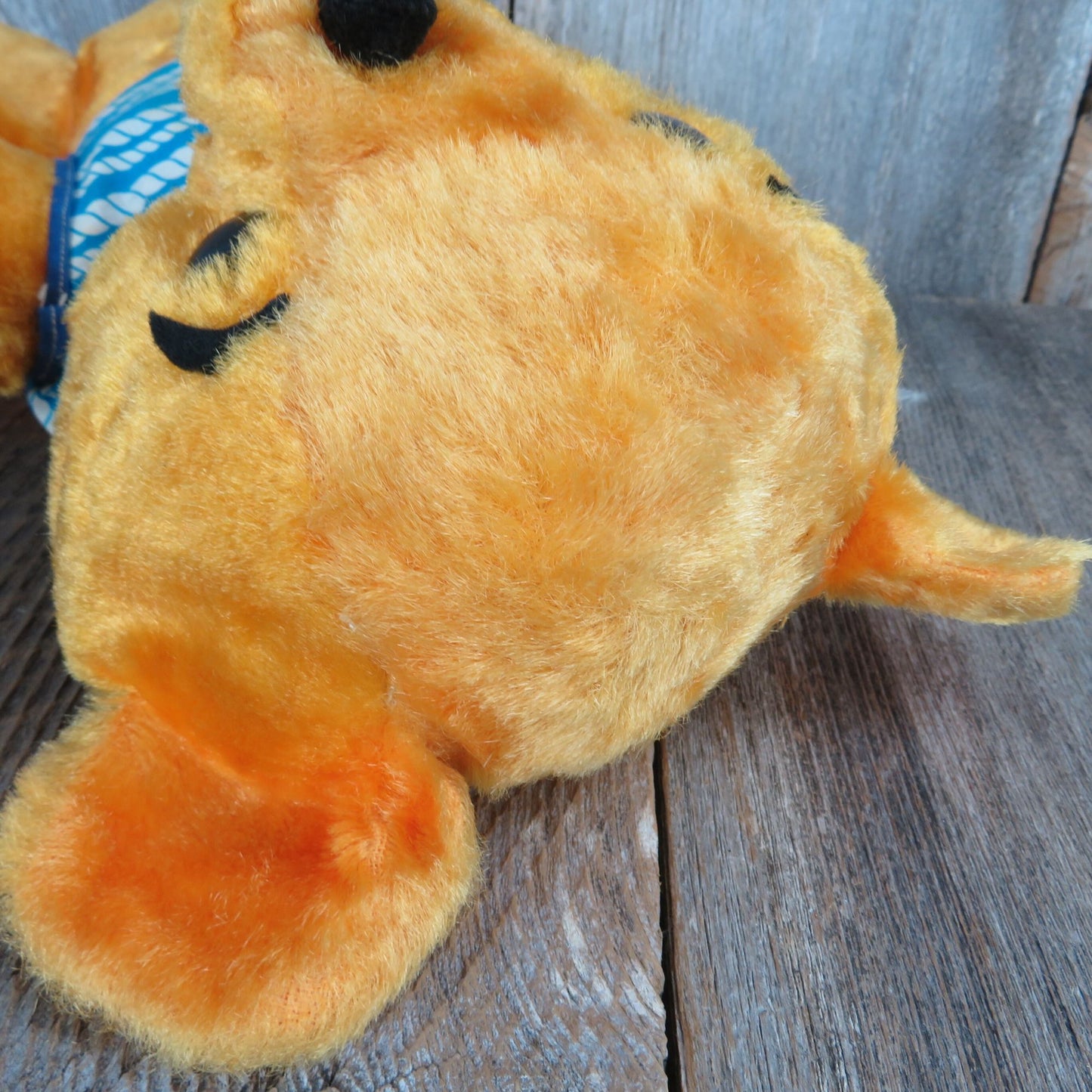 Vintage Teddy Bear Plush Shiny Yellow Orange Stuffed Animal Blue Shirt Pom Pom Nose Soft Foam Filled Eye Brows