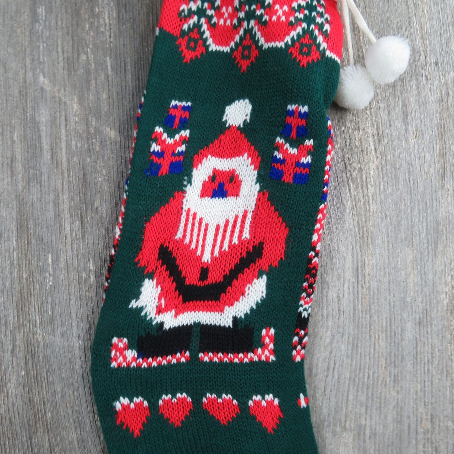 Vintage Santa Claus Knit Stocking Green Red White Gifts Trees Hearts Pom Pom 1980s