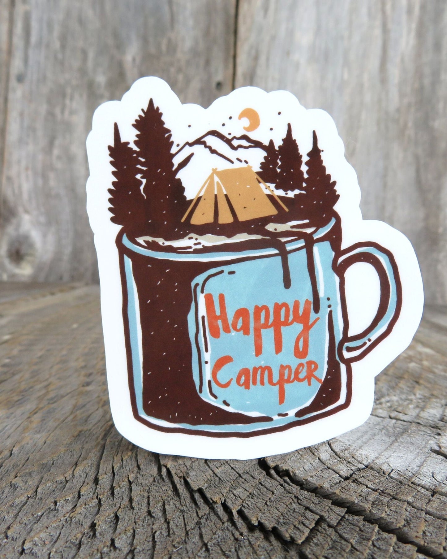 Happy Camper Sticker Tent Scene Coffee Cup Camping Retro Color Waterproof Car Water Bottle Laptop