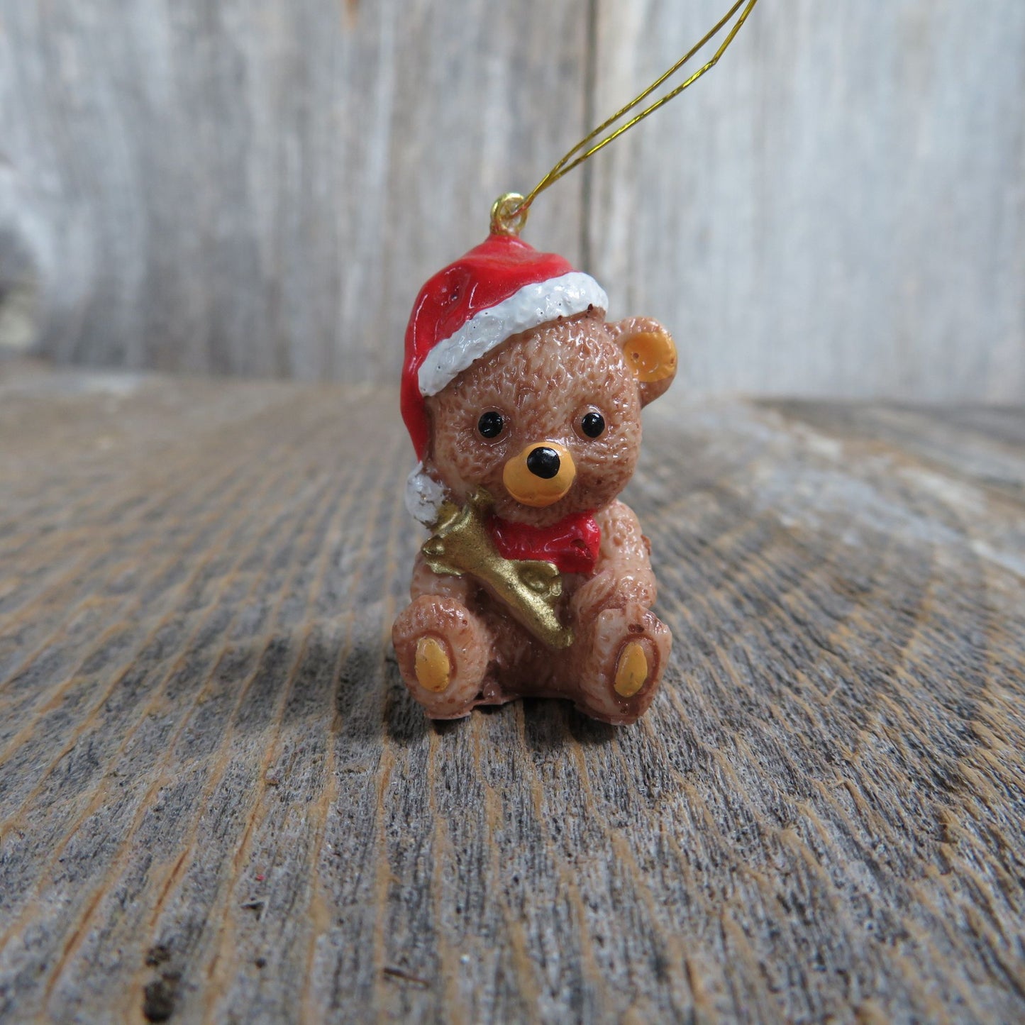 Vintage Teddy Bear Ornament Santa Hat and Horn Christmas