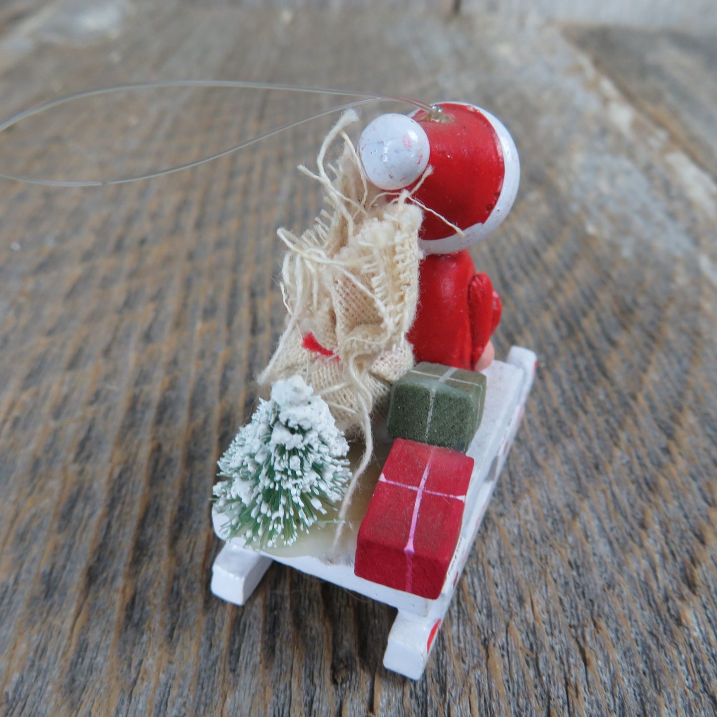 Vintage Santa On Sled Wooden Ornament Bottle Brush Tree Gift Broom Wood Christmas Red Sled
