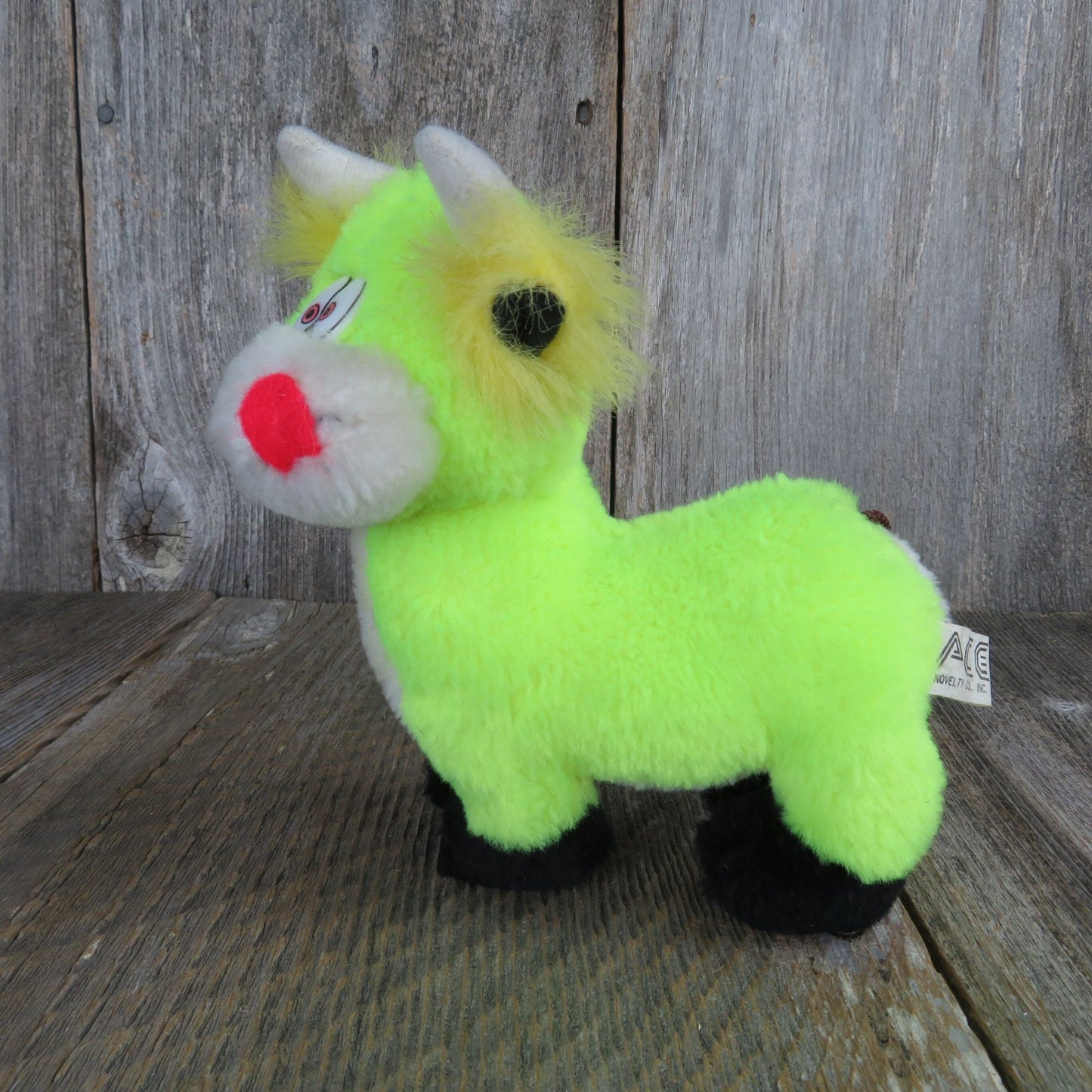 Vintage Cow Plush Florescent Green Yellow Horns Stuffed Animal Tongue Ace Novelty