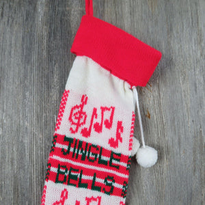 Vintage Jingle Bells  Knit Stocking Christmas Musical Notes Red Green White Pom Pom