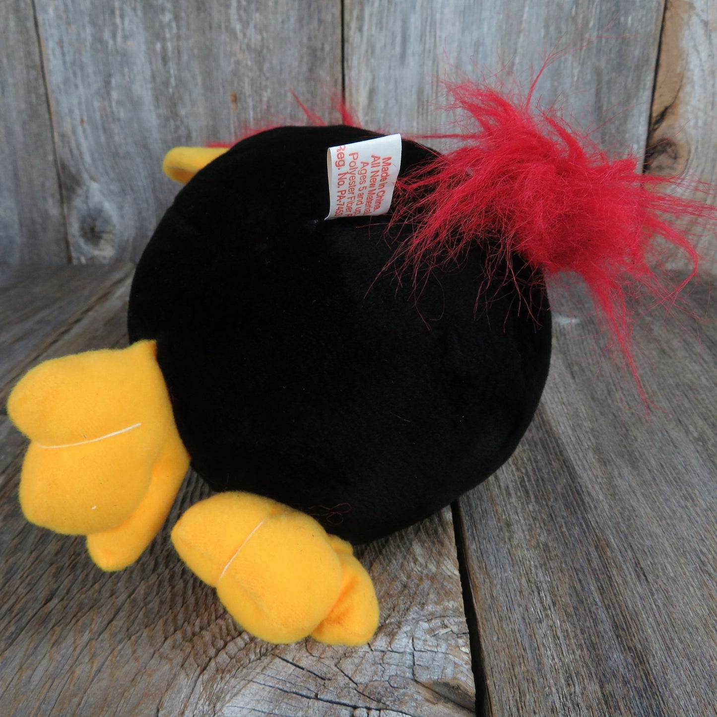 Bird Troll Stuffed Animal King Plush Yellow Ears Beak Feet Red Hair Tail Black White Vintage