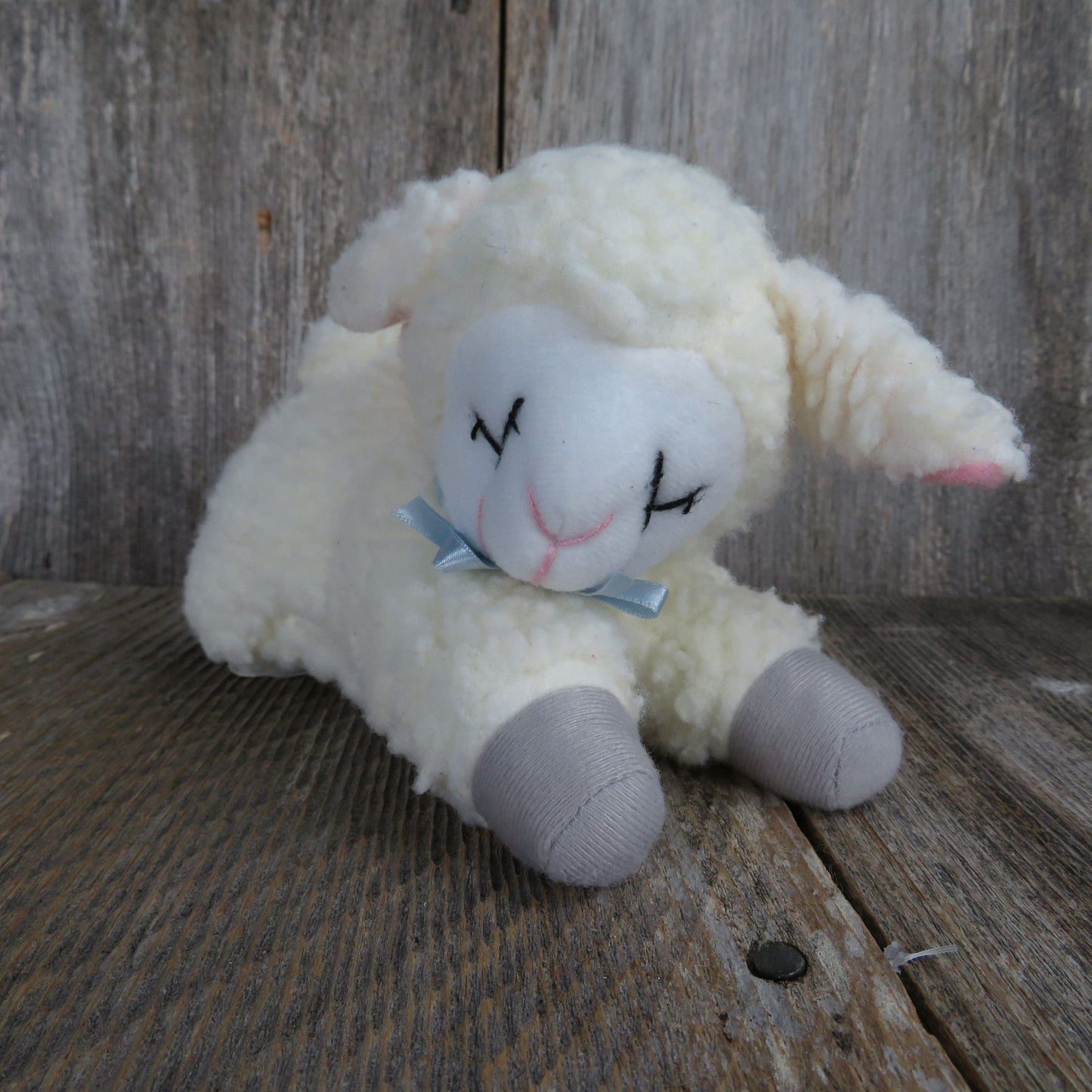 Vintage Sheep Plush Lamb Eyes Closed Gray Feet Baby Sherpa Easter Stuffed Animal 1988