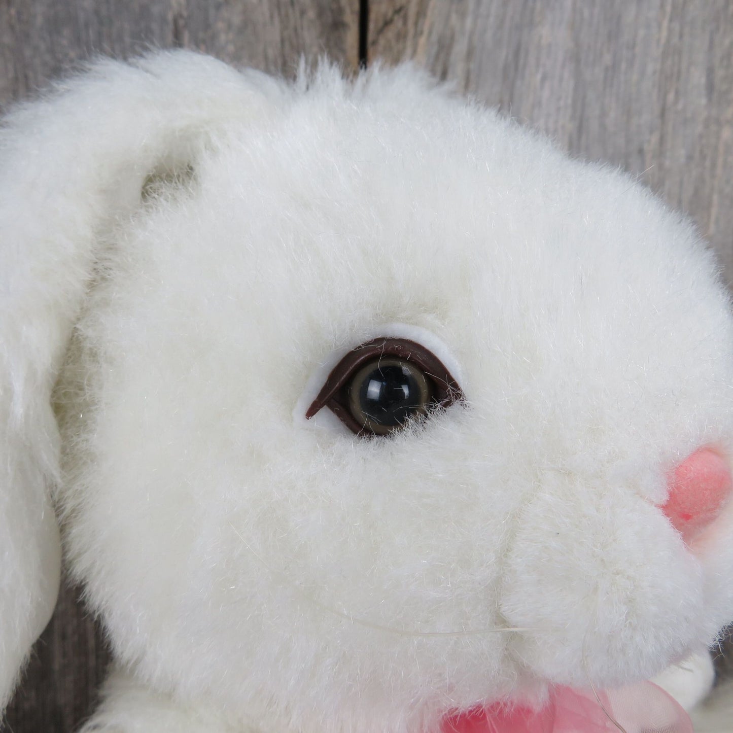 Vintage Bunny Plush White Rabbit Ribbon Pink Flocked Nose Easter Hare Stuffed Animal