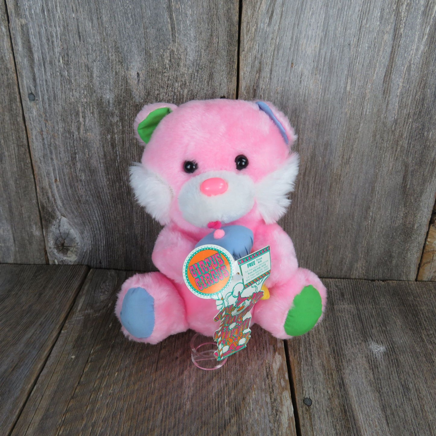 Vintage Hot Pink Bear Plush Ice Cream Cone Green Blue Paws Ears Circus Circus Stuffed Animal