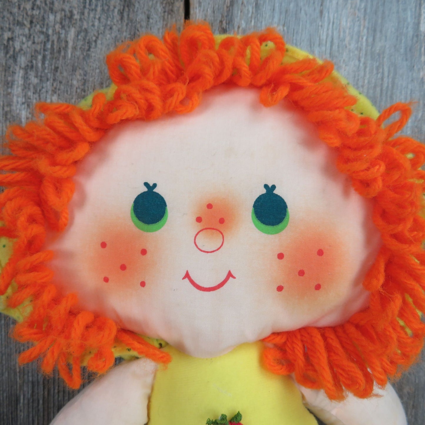 Apple Dumpling Soft Rag Doll by Kenner American Greetings Orange Yarn Hair Yellow Body Hat Green Striped Socks Plush 1981