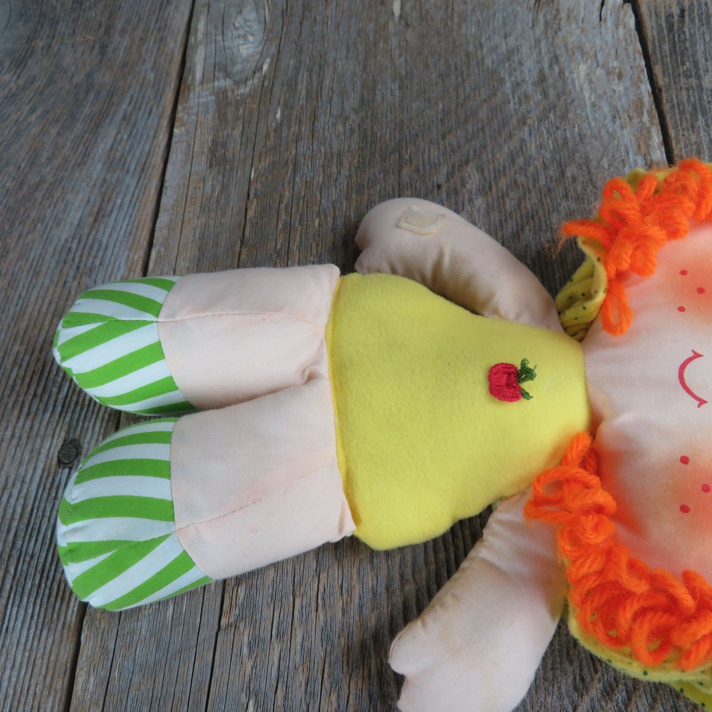 Apple Dumpling Soft Rag Doll by Kenner American Greetings Orange Yarn Hair Yellow Body Hat Green Striped Socks Plush 1981