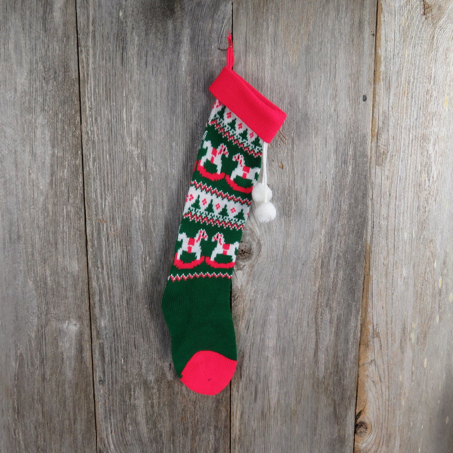 Vintage Rocking Horse and Trees Stocking Christmas Knitted Knit Red White Green Pom Pom