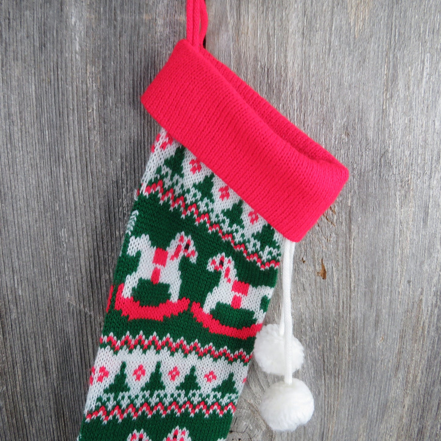 Vintage Rocking Horse and Trees Stocking Christmas Knitted Knit Red White Green Pom Pom