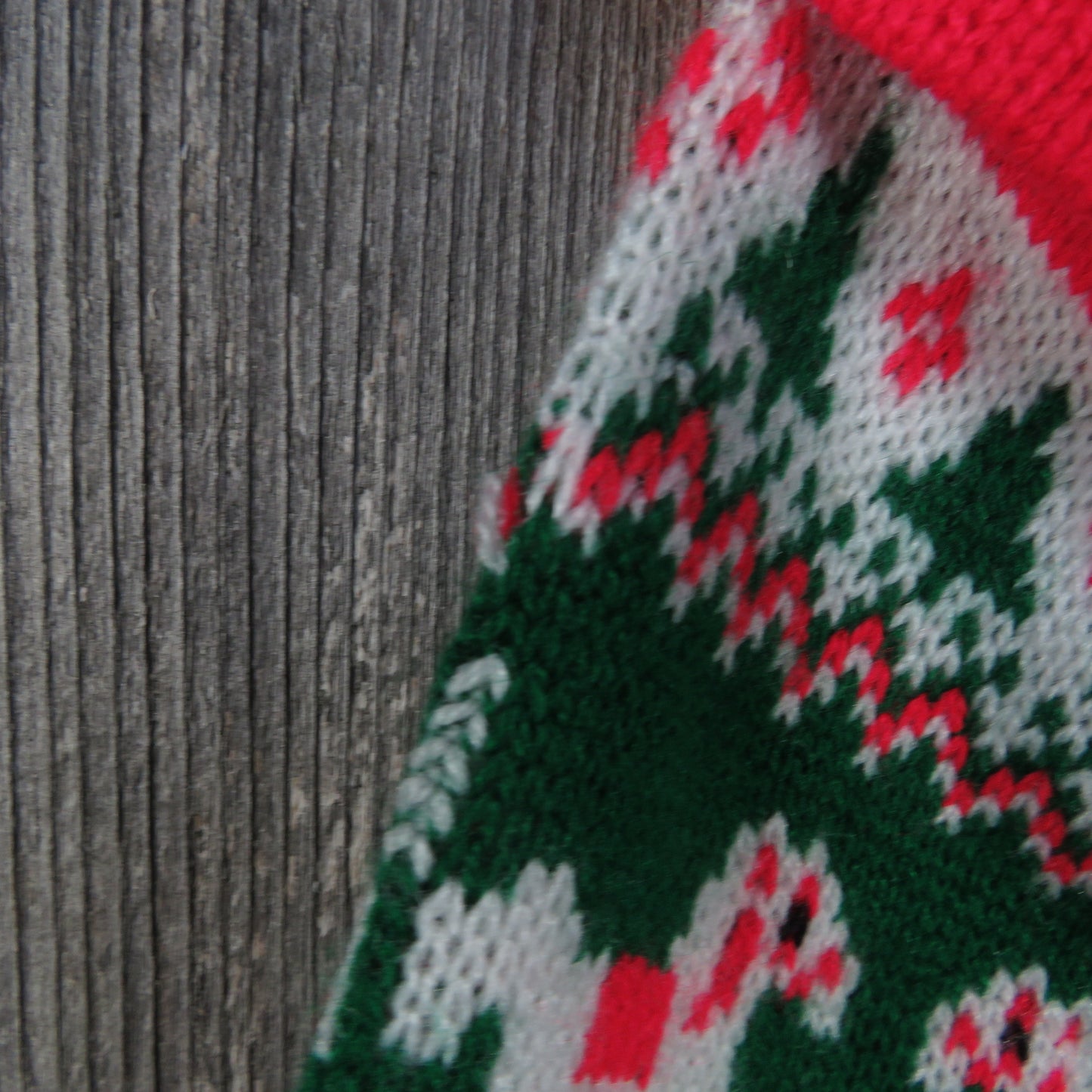 Vintage Rocking Horse and Trees Stocking Christmas Knitted Knit Red White Green Pom Pom