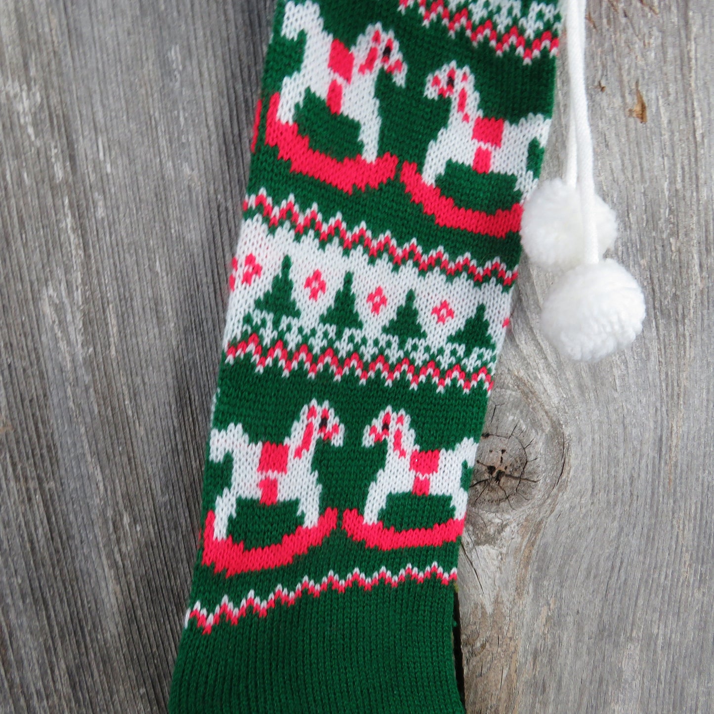 Vintage Rocking Horse and Trees Stocking Christmas Knitted Knit Red White Green Pom Pom