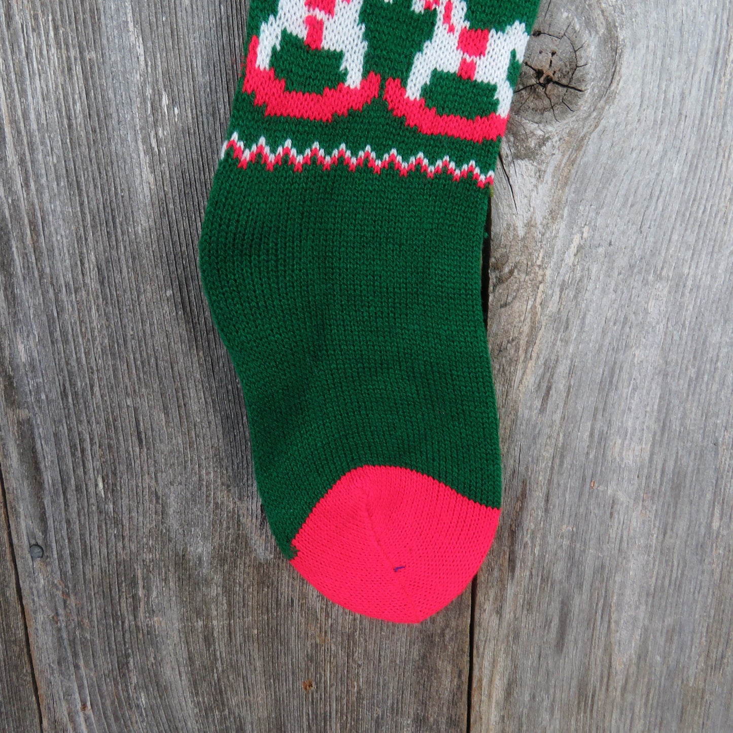 Vintage Rocking Horse and Trees Stocking Christmas Knitted Knit Red White Green Pom Pom