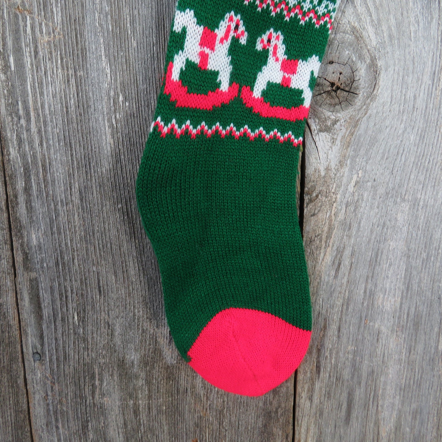 Vintage Rocking Horse and Trees Stocking Christmas Knitted Knit Red White Green Pom Pom