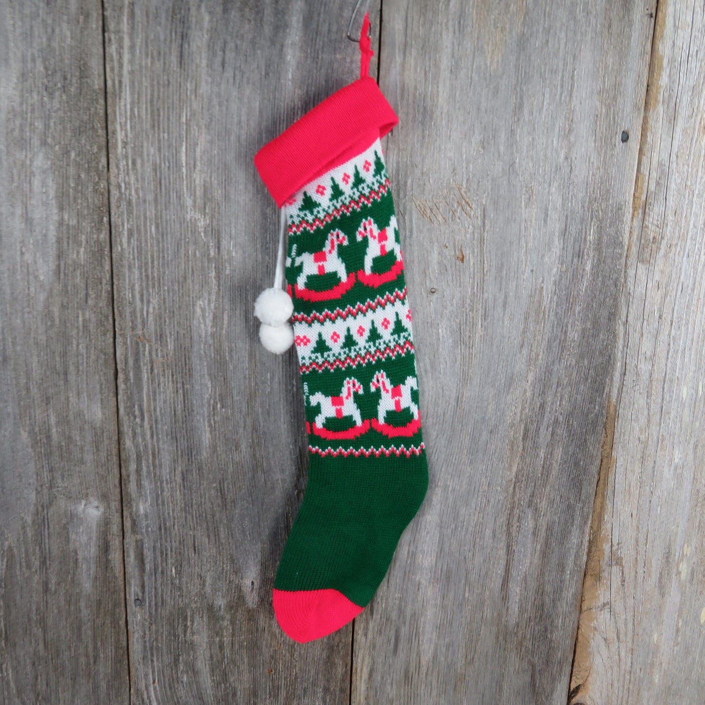 Vintage Rocking Horse and Trees Stocking Christmas Knitted Knit Red White Green Pom Pom