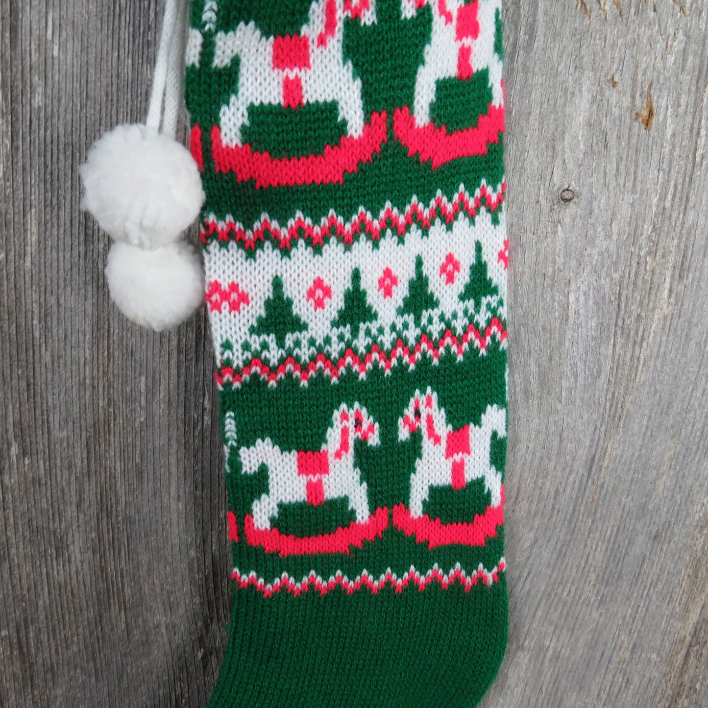 Vintage Rocking Horse and Trees Stocking Christmas Knitted Knit Red White Green Pom Pom