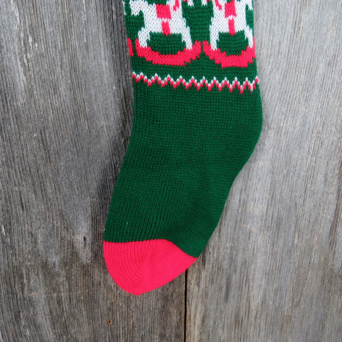 Vintage Rocking Horse and Trees Stocking Christmas Knitted Knit Red White Green Pom Pom