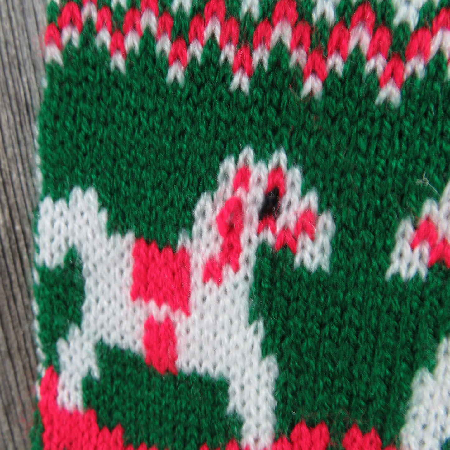 Vintage Rocking Horse and Trees Stocking Christmas Knitted Knit Red White Green Pom Pom